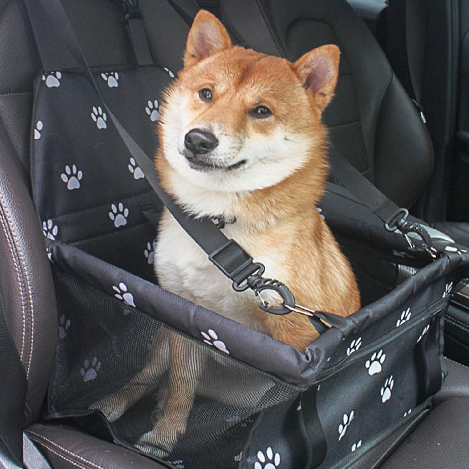 Suport pentru Animalele de Companie, Flippy, pentru Masina, cu Prindere de Scaun si Centura de Siguranta, Negru cu Imprimeu, 40x32x42cm [5]