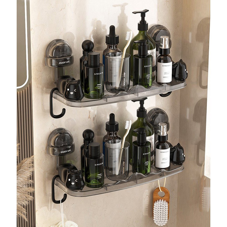 Suport pentru Baie, Flippy, Montare pe Perete, Model Pisicute, ABS, Adeziv, Raft pentru Depozitare, 33.4x17.7 cm, Negru [3]