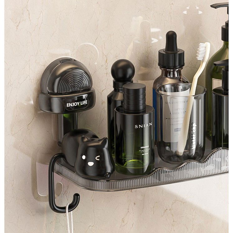 Suport pentru Baie, Flippy, Montare pe Perete, Model Pisicute, ABS, Adeziv, Raft pentru Depozitare, 33.4x17.7 cm, Negru [10]