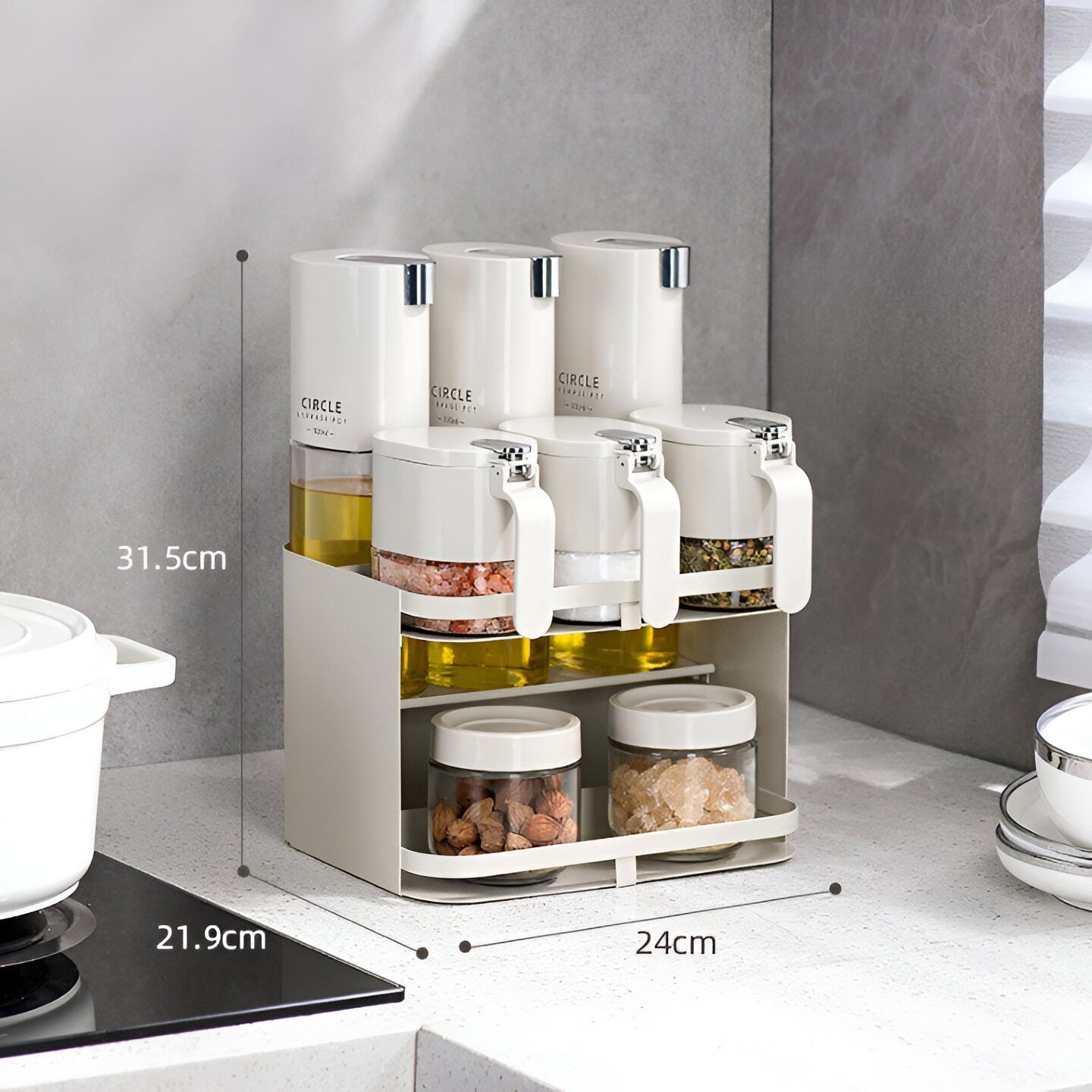 Pentru casa - Suport pentru Depozitare Condimente, Ulei, Otet, Flippy, Montare pe Perete din 9 Piese, Uz Casnic, pentru Bucatarie, 24 x 21.9 x 31.5cm, Alb