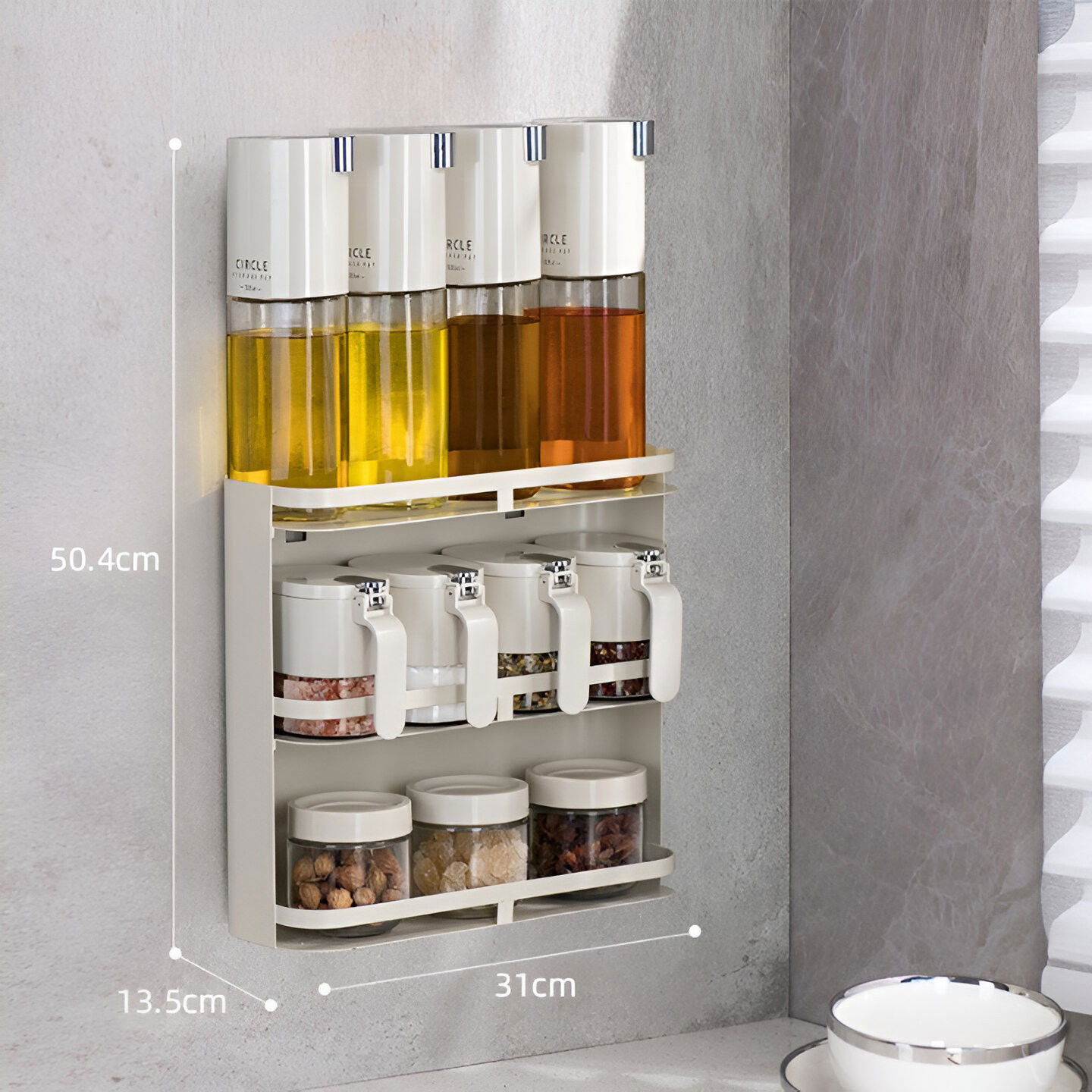 Suport pentru Depozitare Condimente, Ulei, Otet, Flippy, Montare pe Perete din 12 Piese, Uz Casnic, pentru Bucatarie, 31 x 13.5 x 50.4cm, Alb [5]