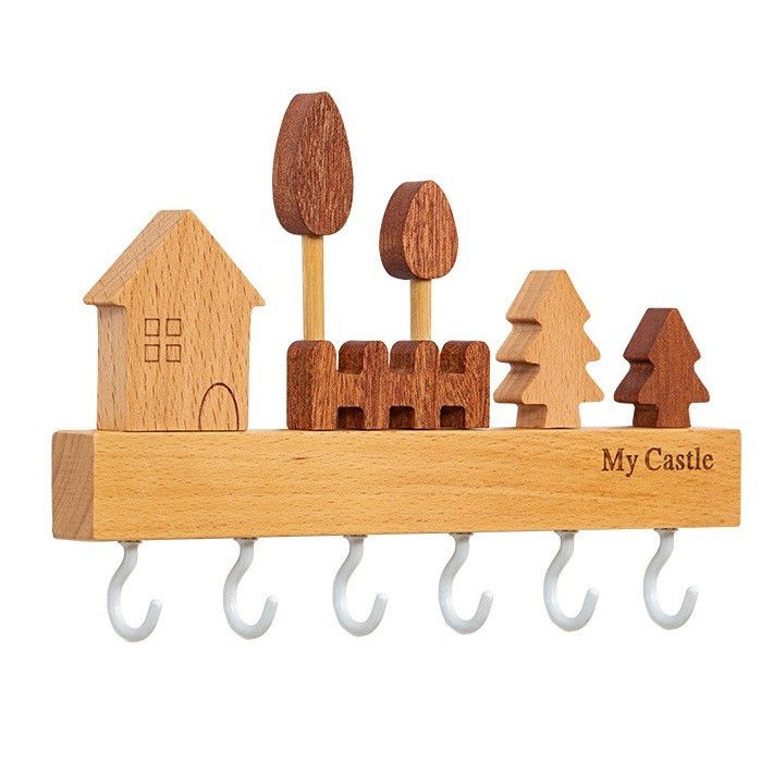 Pentru casa - Suport pentru Chei, Flippy, din Lemn, Aplicare fara Perforare, Adeziv Inclus, 6 Carlige Albe, Model Casuta, Greutate Suportata 5 kg, 14.5 x 2 x 22.5 cm, Maro