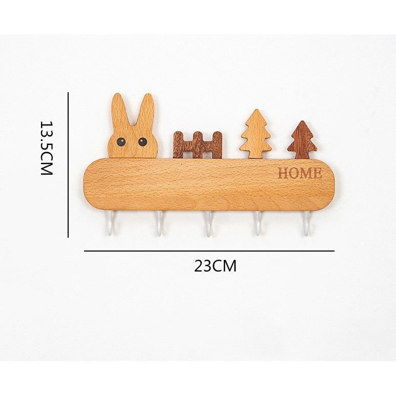 Suport pentru Chei, Flippy, din Lemn, Aplicare fara Perforare, Adeziv Inclus, 5 Carlige Albe, Model Iepure, Greutate Suportata 5 kg, 13.5 x 22 cm, Maro [3]