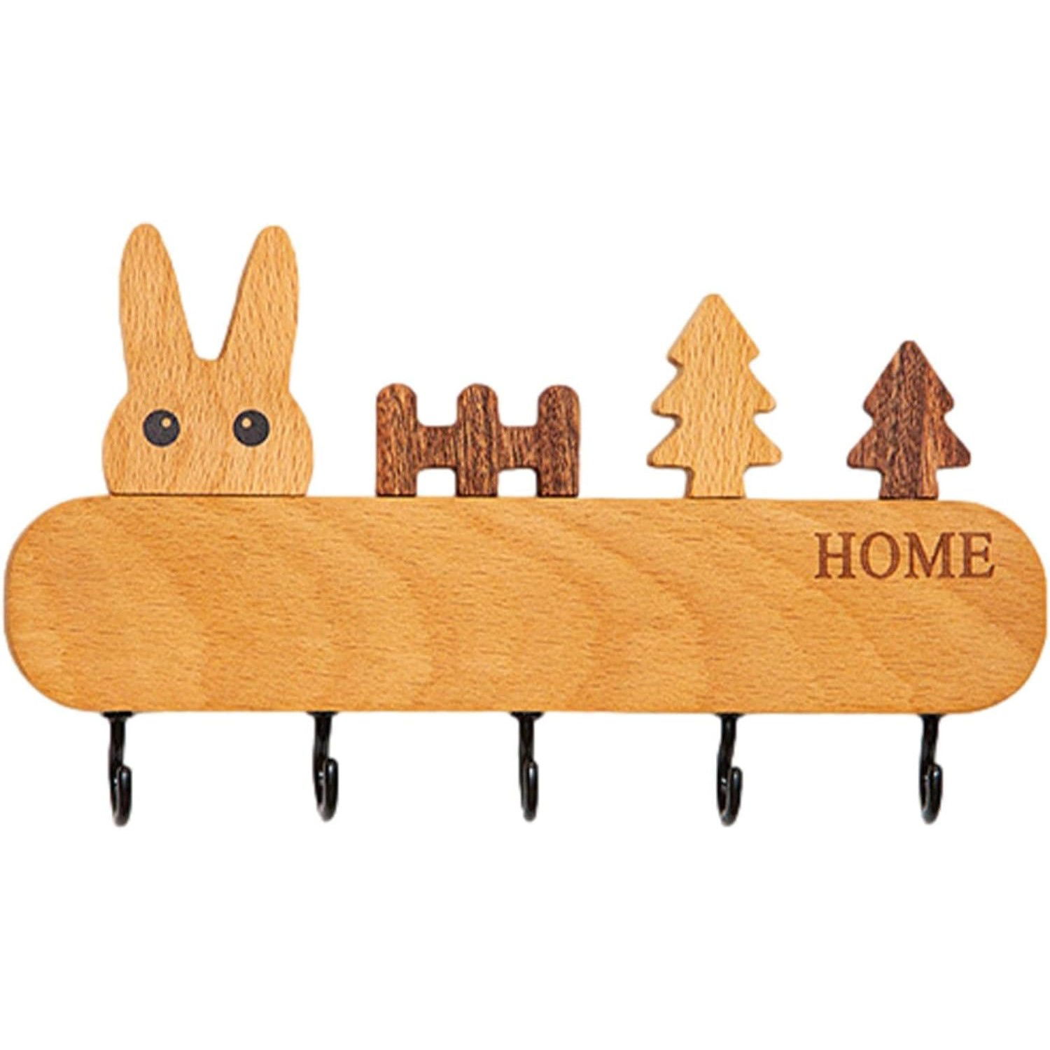 50 - 100 LEI - Suport pentru Chei, Flippy, din Lemn, Aplicare fara Perforare, Adeziv Inclus, 5 Carlige Negre, Model Iepure, Greutate Suportata 5 kg, 13.5 x 22 cm, Maro