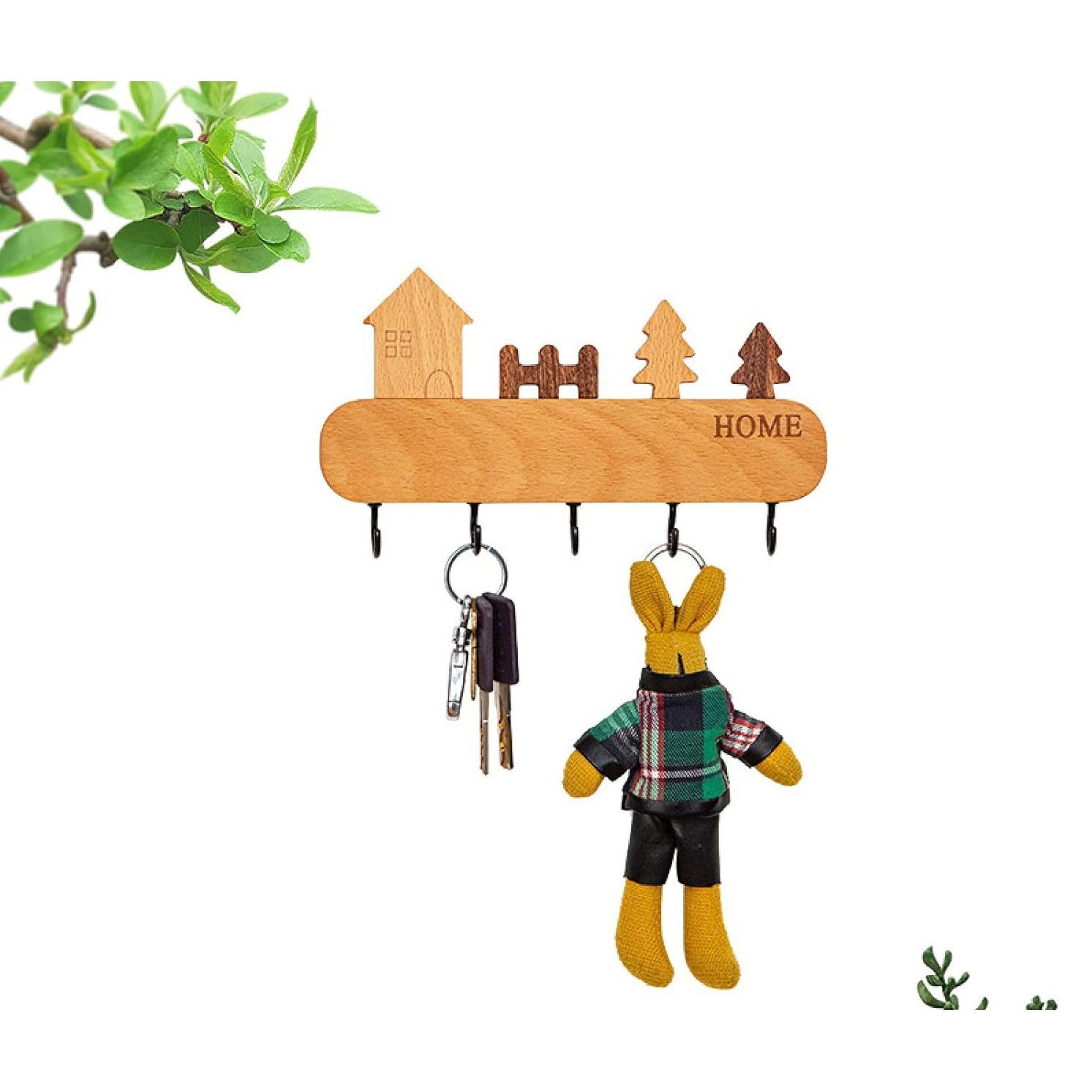 50 - 100 LEI - Suport pentru Chei, Flippy, din Lemn, Aplicare fara Perforare, Adeziv Inclus, 5 Carlige Negre, Model Casuta, Greutate Suportata 5 kg, 13.5 x 23 cm, Maro