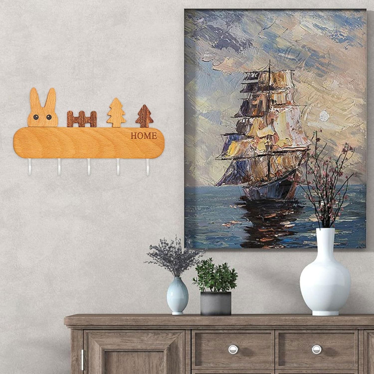 Suport pentru Chei, Flippy, din Lemn, Aplicare fara Perforare, Adeziv Inclus, 5 Carlige Albe, Model Iepure, Greutate Suportata 5 kg, 13.5 x 22 cm, Maro [6]