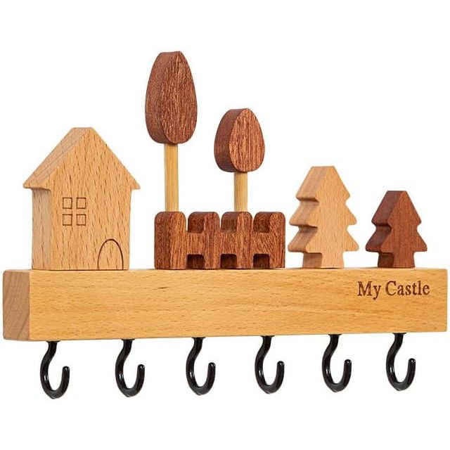 Pentru casa - Suport pentru Chei, Flippy, din Lemn, Aplicare fara Perforare, Adeziv Inclus, 6 Carlige Negre, Model Casuta, Greutate Suportata 5 kg, 14.5 x 2 x 22.5 cm, Maro