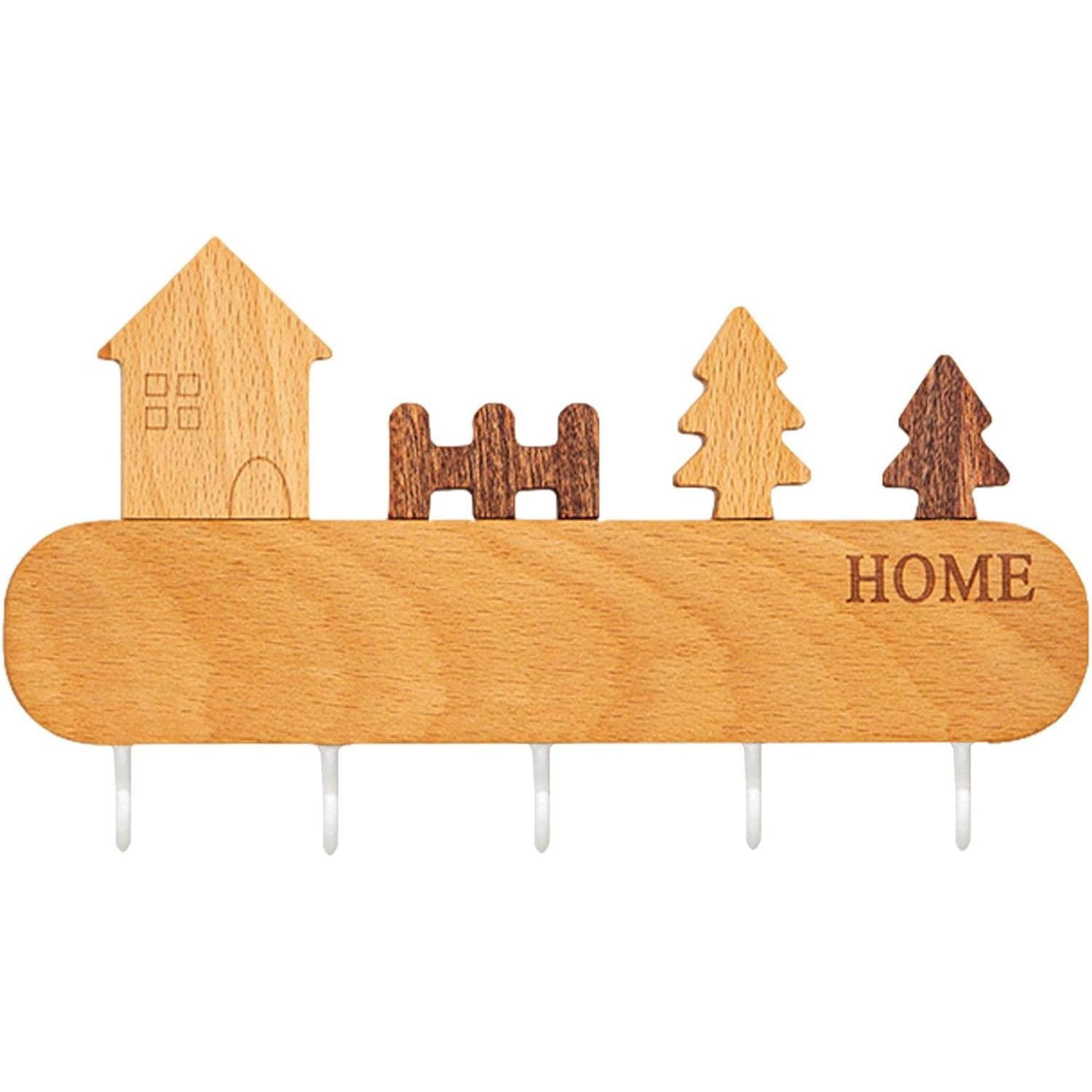 50 - 100 LEI - Suport pentru Chei, Flippy, din Lemn, Aplicare fara Perforare, Adeziv Inclus, 5 Carlige Albe, Model Casuta, Greutate Suportata 5 kg, 13.5 x 23 cm, Maro