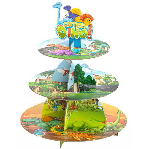 TeoMarket - Etajera pentru Prajituri, Flippy, din Carton, 3 Nivele, 16/22/29 cm Diametru, Inaltime 38 cm, Tema Dinozauri Dino, Multicolor