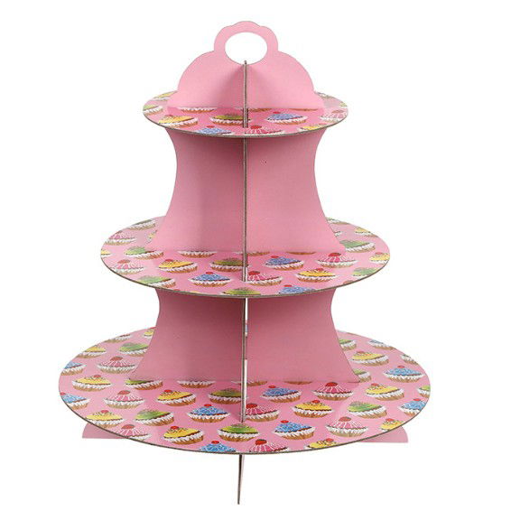 Articole Petrecere - Suport Prajituri, Flippy, 3 Etaje, Design de Petrecere, pentru Prajituri, Candy Bar, din Carton, Roz/Multicolor