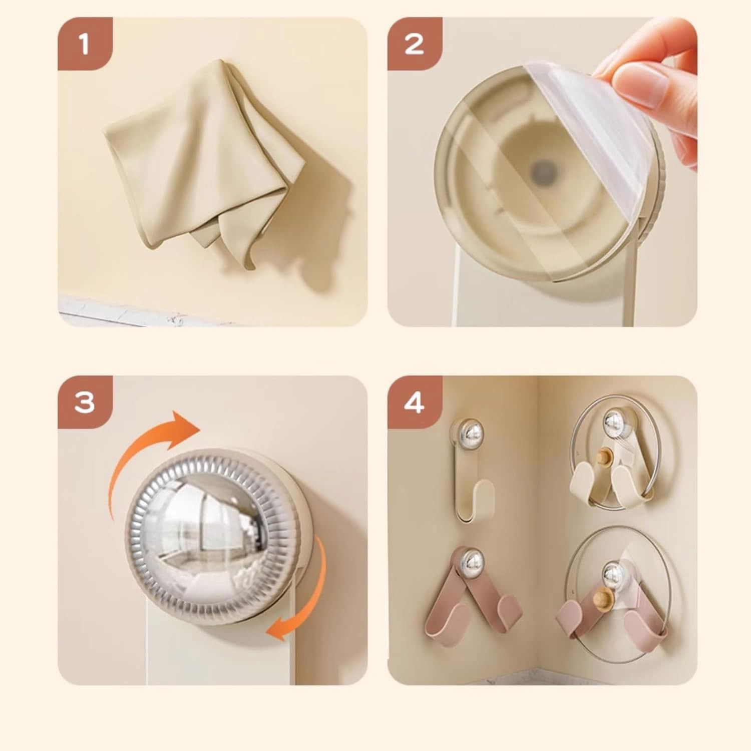 Suport pentru Capace Vase, Flippy, Suport de Depozitare pentru Capacul Oalei in Bucatarie, cu Ventuza, Usor de Montat pe Perete, 19 x 6 x 5 cm, Alb Crem [7]