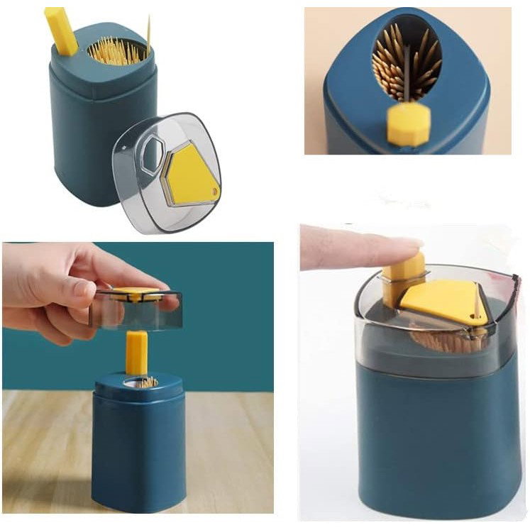 TeoMarket - Suport Scobitori, Flippy, Automat, cu Buton si Capac, din PP, 9.5x6 cm, Albastru