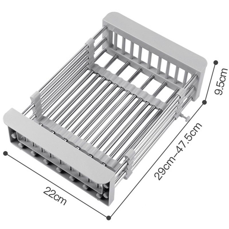 50 - 100 LEI - Suport Scurgere Extensibil pentru Bucatarie, Flippy, Uscator Vase din Otel Inoxidabil, Suport Tacamuri si Pahare, Suport pentru Fructe si Legume, 29 x 22 x 9.5 cm Gri