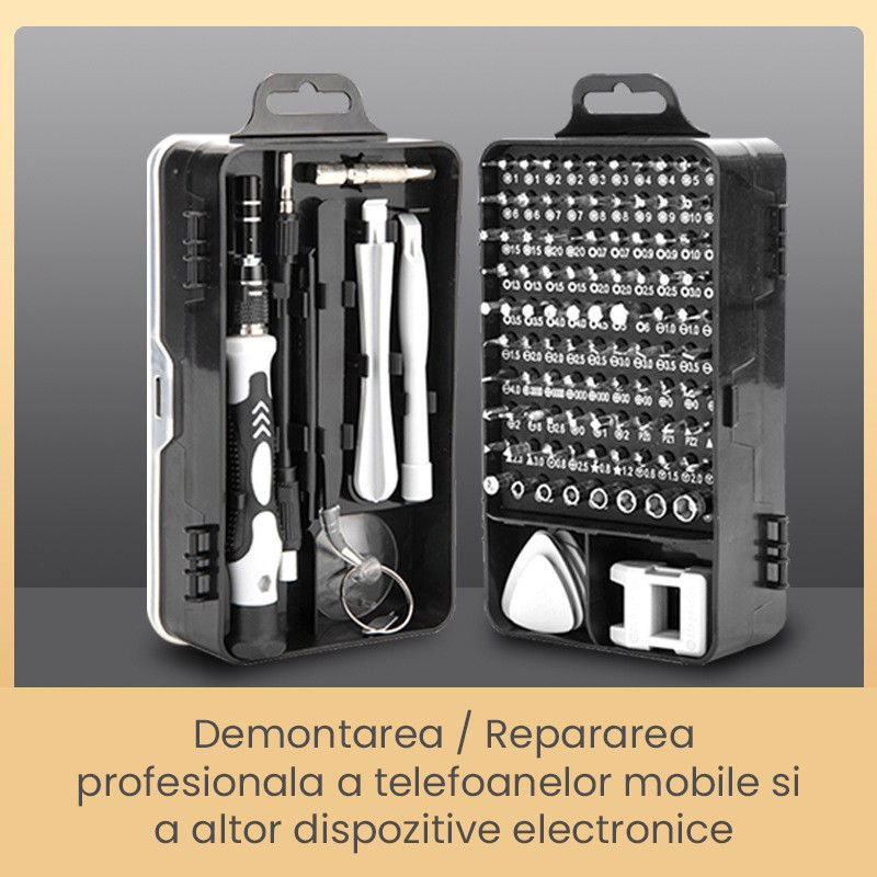 Surubelnite pentru Reparea Telefoanelor, Flippy, Set 115-in-1 Cromate, Demontarea Repararea Ceasurilor, Electronicelor Mici, Maner detalii Albe, 18 x 11 x 6 cm, Negru [5]