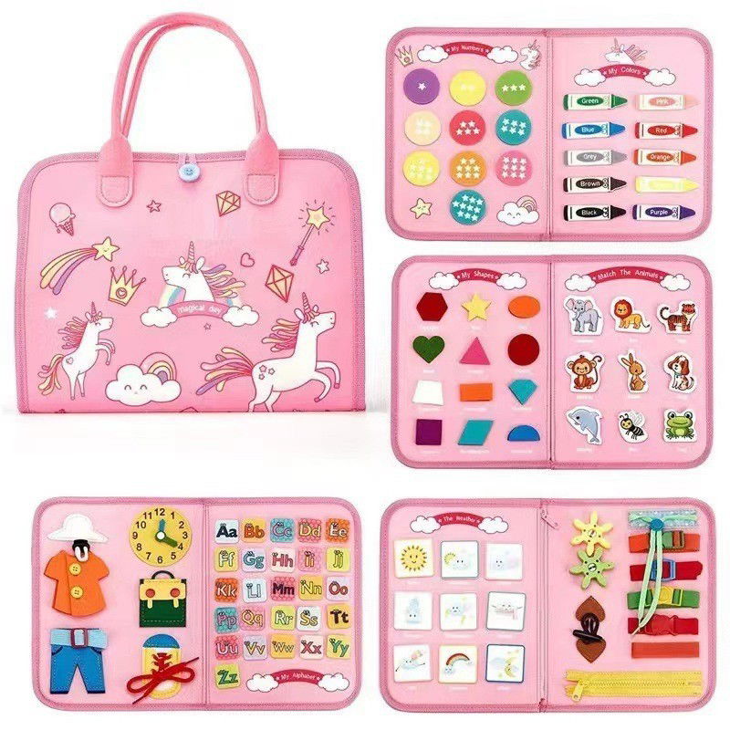 Jucarii educative - Carte Senzoriala Educativa Montessori, Flippy, Dezvoltare Abilitati Motorii, 5 Pagini, Model Unicorni, 28x22x7 cm, Roz