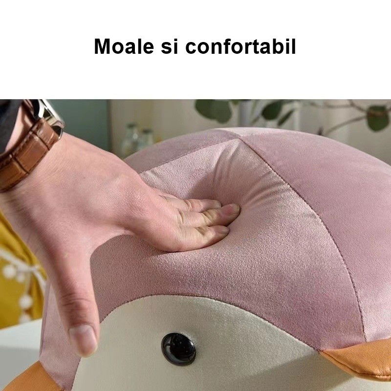 Taburet Pentru Copii, Flippy, Cadru din Lemn Masiv, 25 x 29 x 29 cm, Perna de Burete Elastica si Maner de Transport, in Forma de Pinguin, Roz [3]