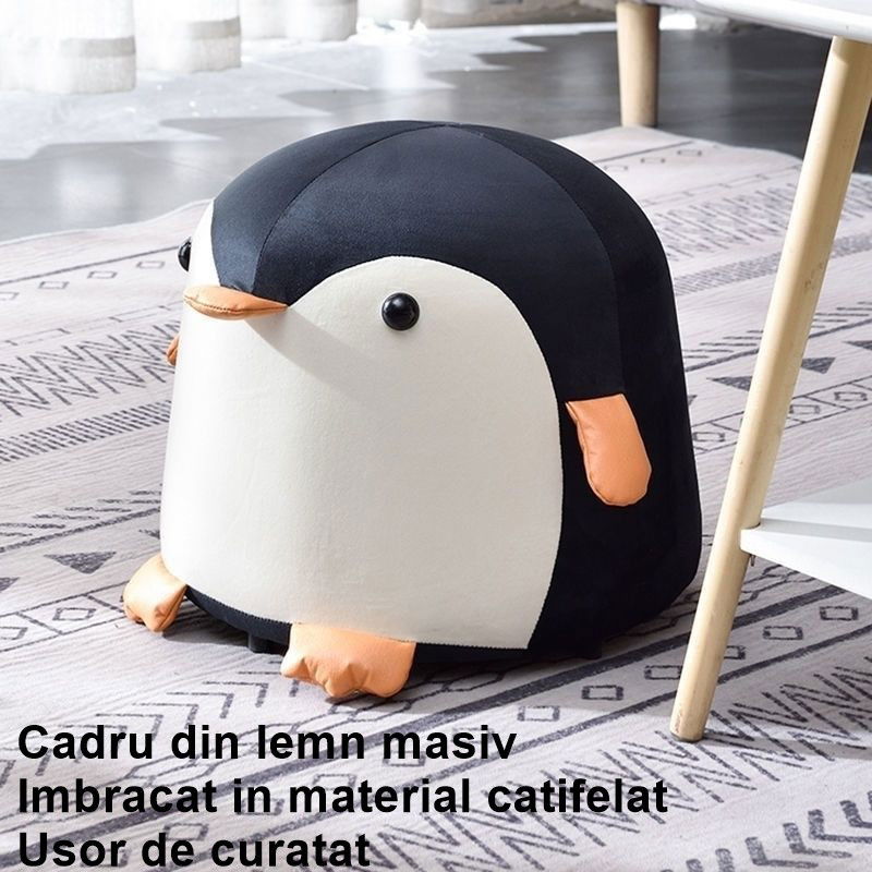 Taburet Pentru Copii, Flippy, Cadru din Lemn Masiv, 25 x 29 x 29 cm, Perna de Burete Elastica si Maner de Transport, in Forma de Pinguin, Negru [3]