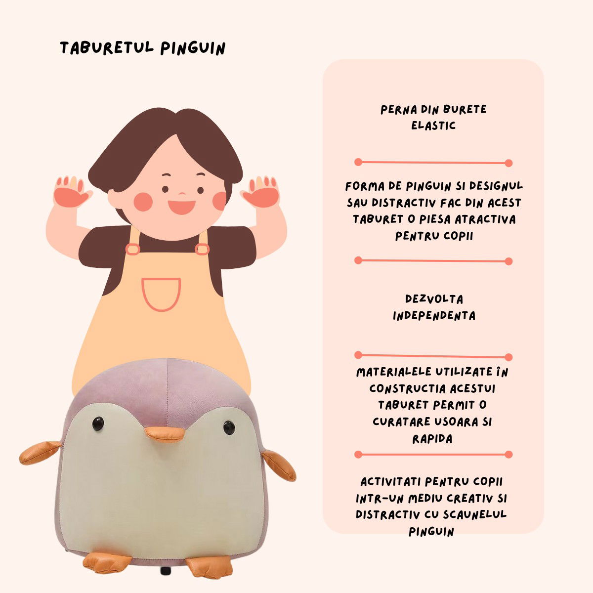 Taburet Pentru Copii, Flippy, Cadru din Lemn Masiv, 25 x 29 x 29 cm, Perna de Burete Elastica si Maner de Transport, in Forma de Pinguin, Roz [6]