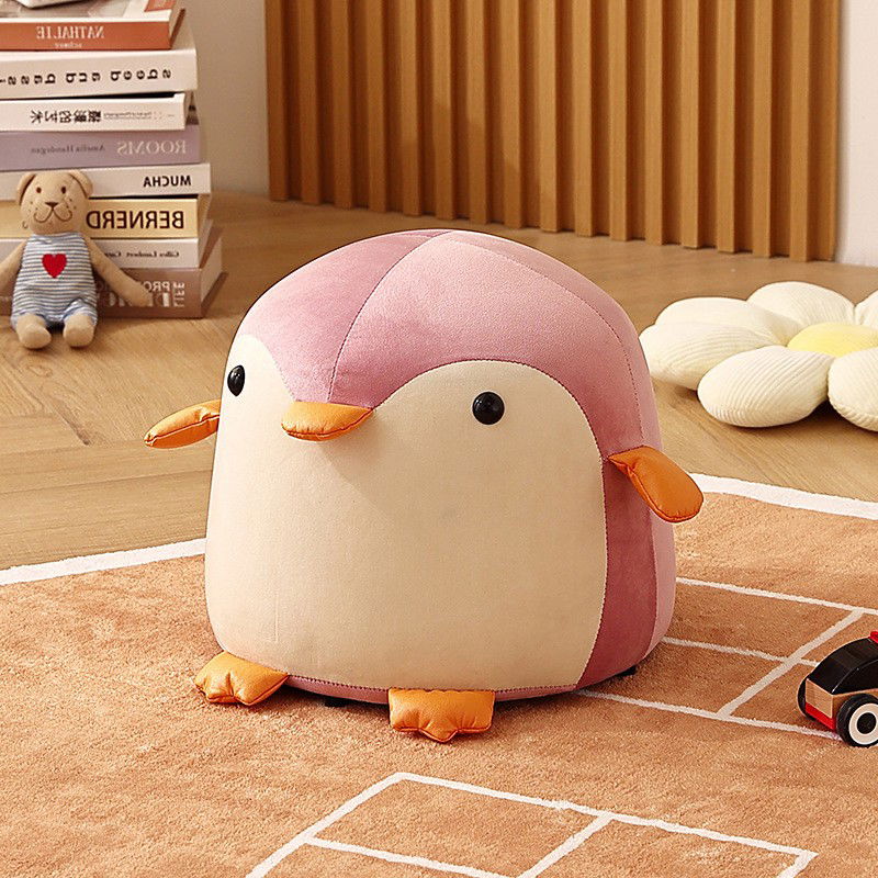 Taburet Pentru Copii, Flippy, Cadru din Lemn Masiv, 25 x 29 x 29 cm, Perna de Burete Elastica si Maner de Transport, in Forma de Pinguin, Roz [7]