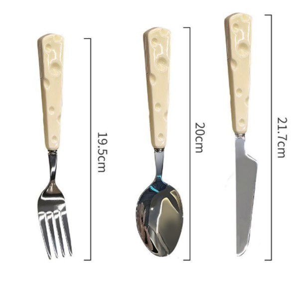 Tacamuri pentru Copii, Flippy, Set 3 Piese, Tacamuri pentru Dejun, Lingura Furculita Cutit, Stil Italian, Manere forma Cascaval Plastic, Inox, 23 cm, Auriu [3]