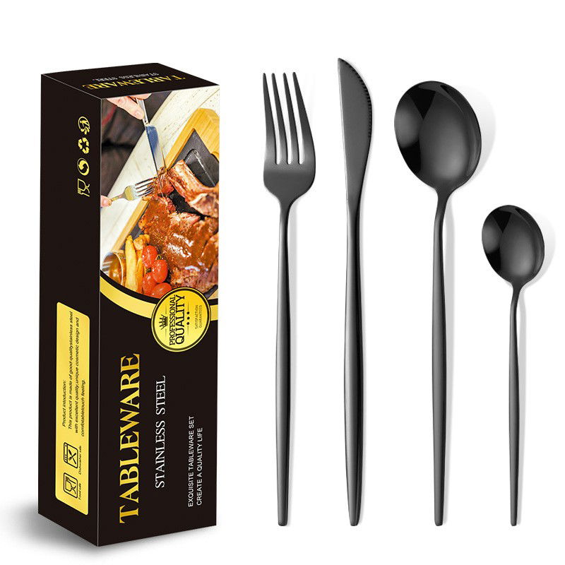 Pentru casa - Tacamuri Portugheze, Flippy, Set din 24 de Piese din Otel Inoxidabil, 6 Cutie, 6 Furculite, 6 Linguri de Masa, 6 Linguri pentru Ceai, Negru Cosmic