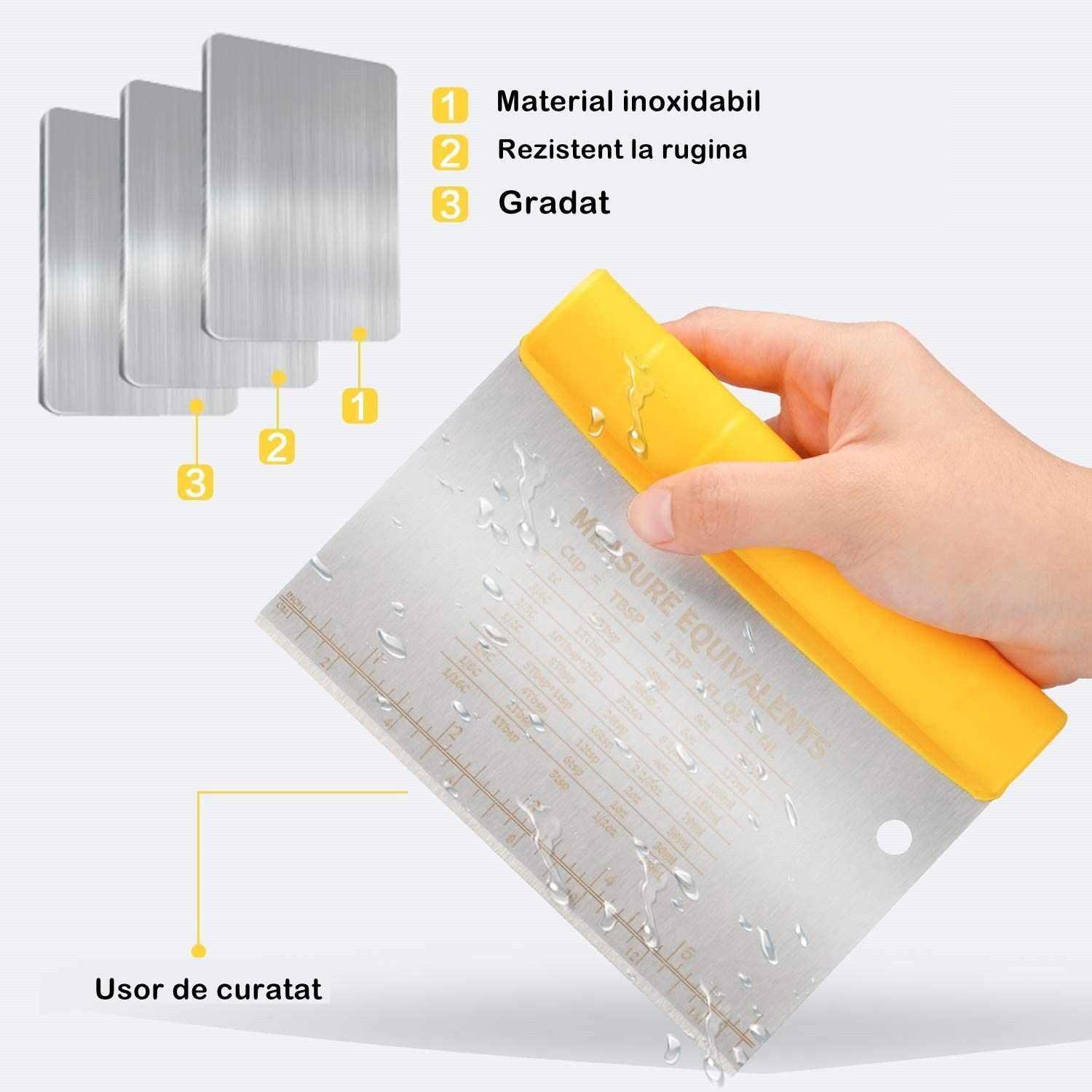 Pentru casa - Taietor aluat 15 x 10.5 cm Flippy, 2 in 1, lama otel inoxidabil, maner din ABS, gradat, paleta plastic, galben