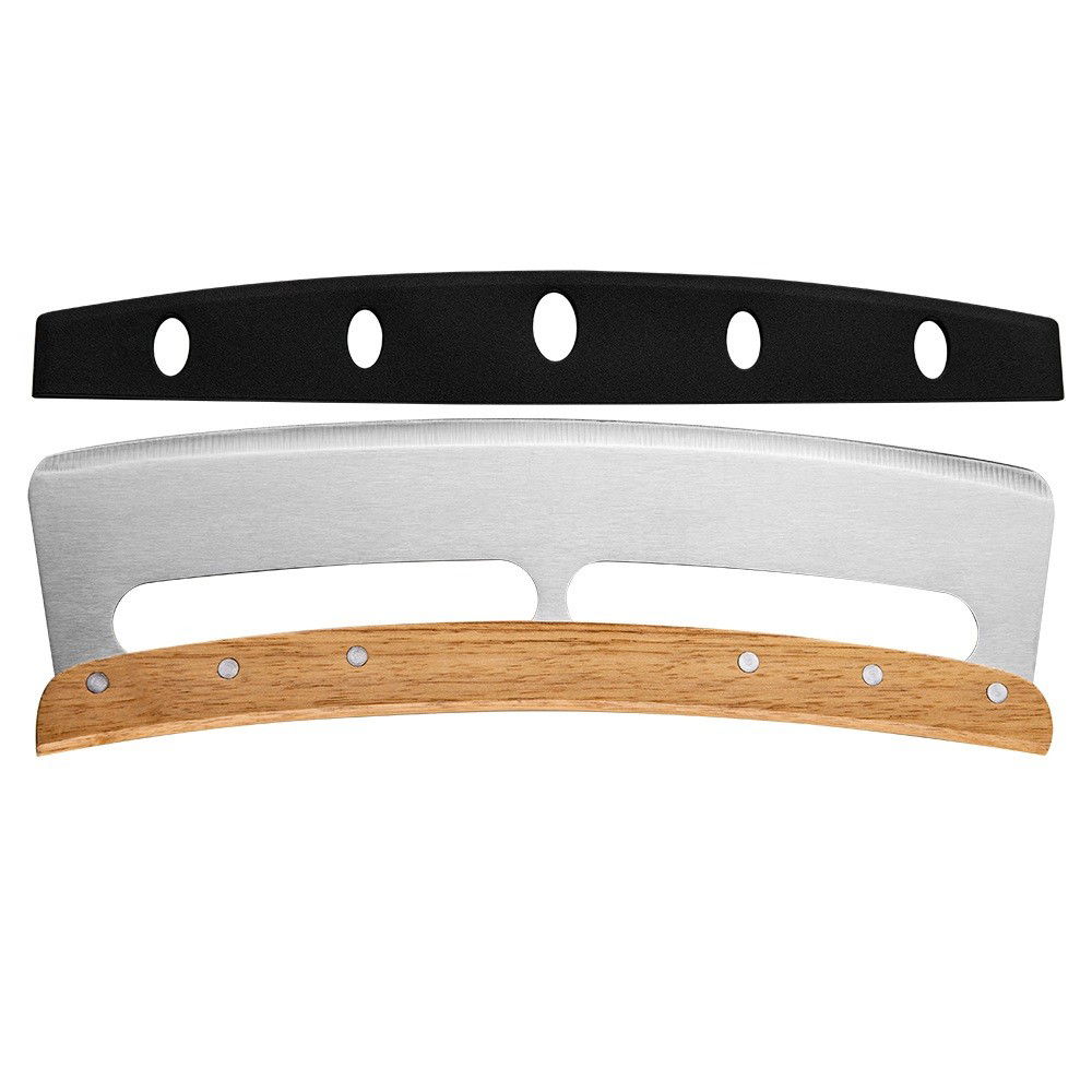 Pentru casa - Taietor Feliator de Pizza, Flippy, din Otel Inoxidabil, cu Capac, Maner din Lemn, Antialunecare, Lama Neteda si Ascutita, 34x10 cm, Maro