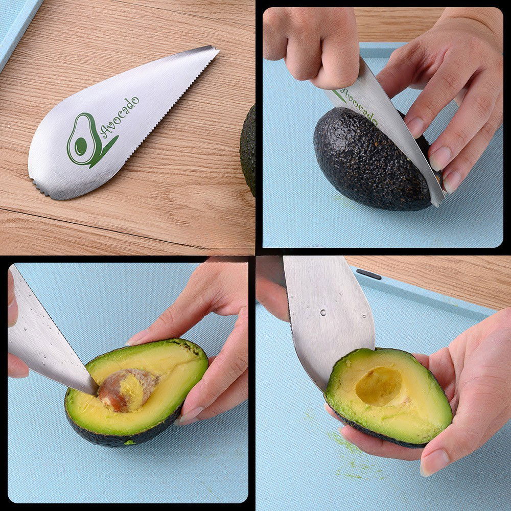 Pentru casa - Taietor special pentru avocado Flippy, 3 in 1, forma curbata, zimti pentru apucare si taiere, din otel inoxidabil, 15 x 6 cm, gri