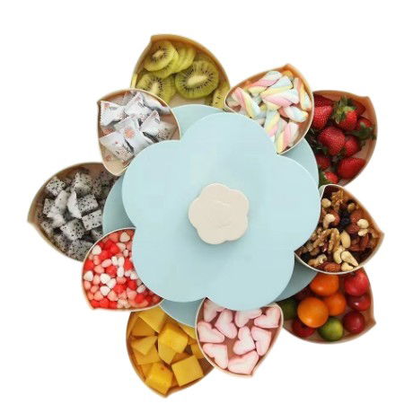 Tava pentru Servire, Flippy, pentru Fructe / Legume / Snackuri, cu Sertare, Deschidere Rotativa, pe 2 Straturi, in Forma de Floare, 26 x 26 x 11.5 cm Albastru [3]