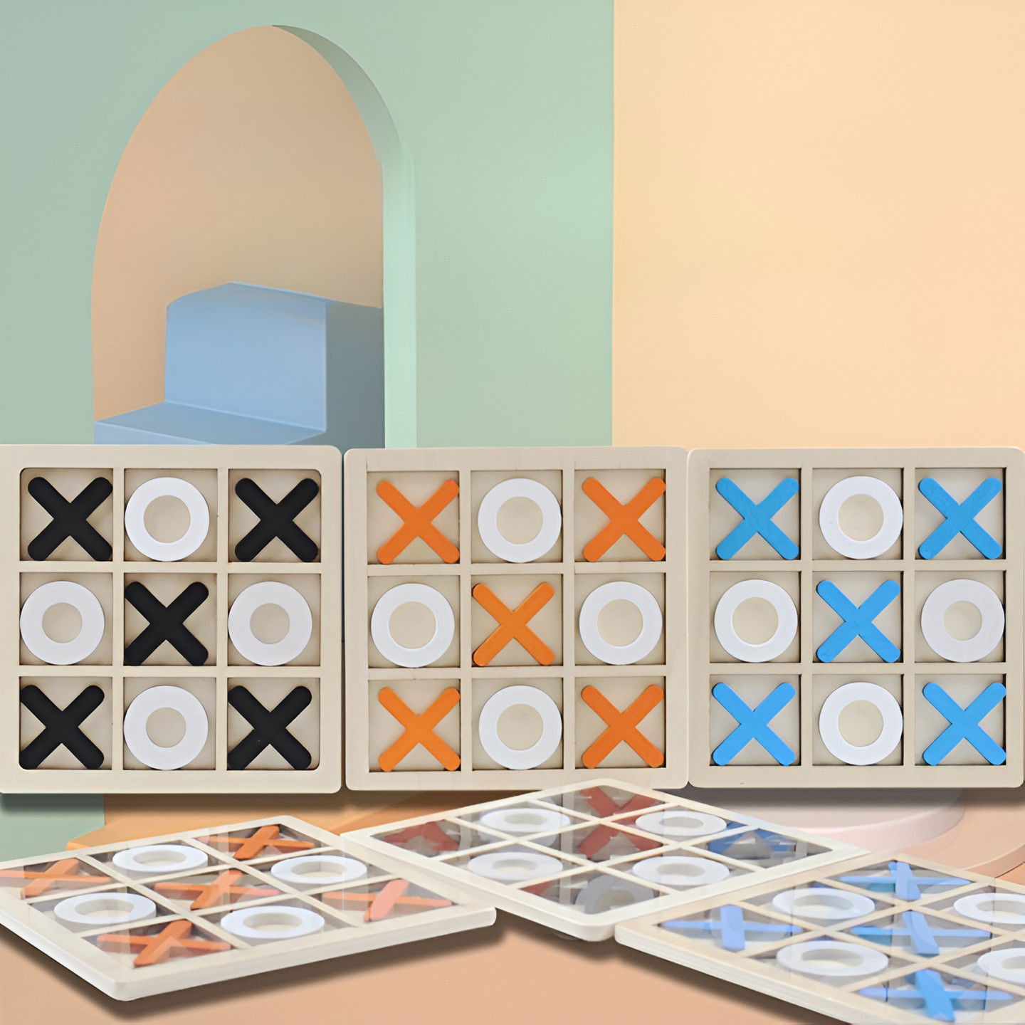 Jucarie Montessori Tic Tac Toe, Flippy, Educativa, Interactiva, din lemn, X si O, 9 Piese, 14.3x14.3 cm, Negru Alb [4]