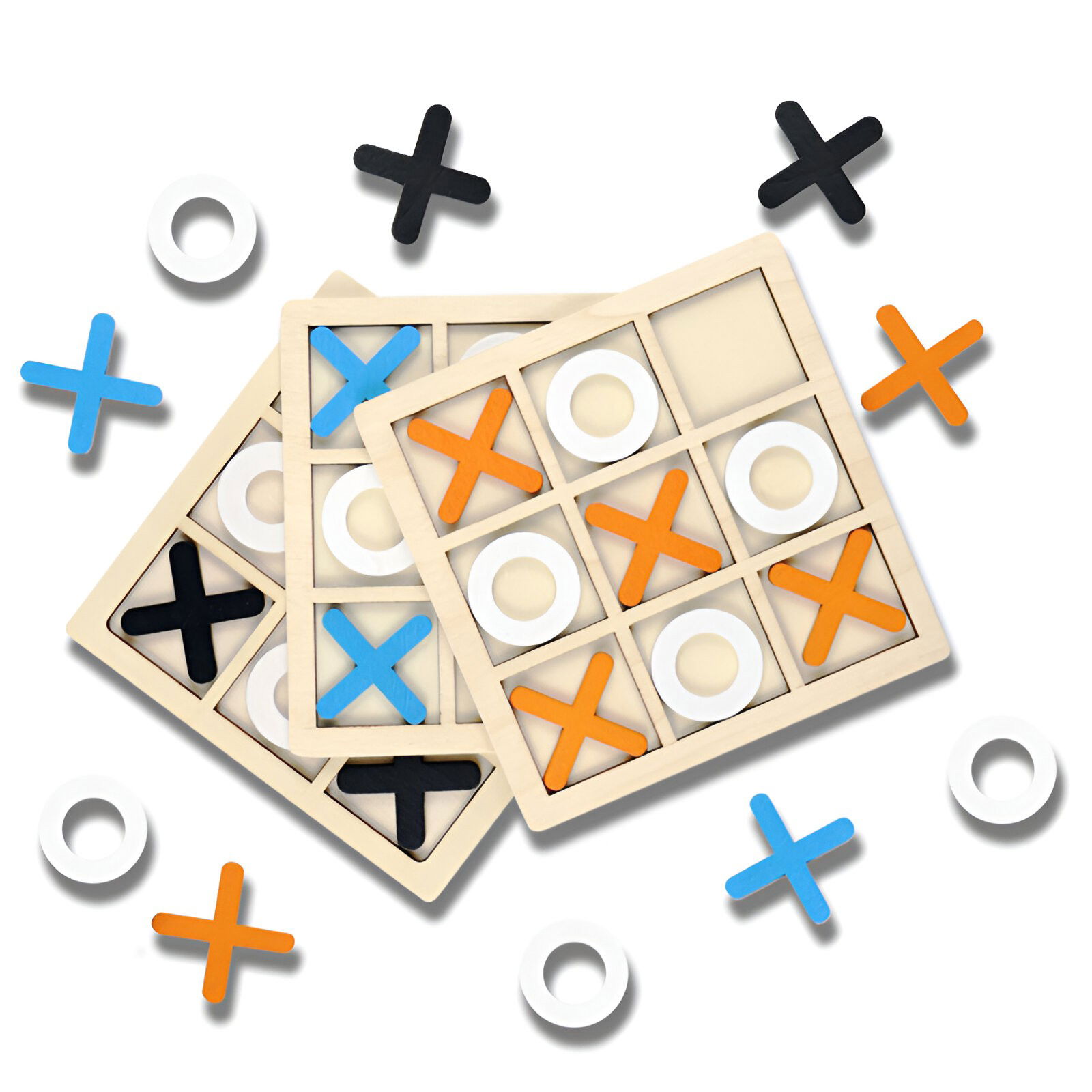 Jucarie Montessori Tic Tac Toe, Flippy, Educativa, Interactiva, din lemn, X si O, 9 Piese, 14.3x14.3 cm, Portocaliu Alb [7]