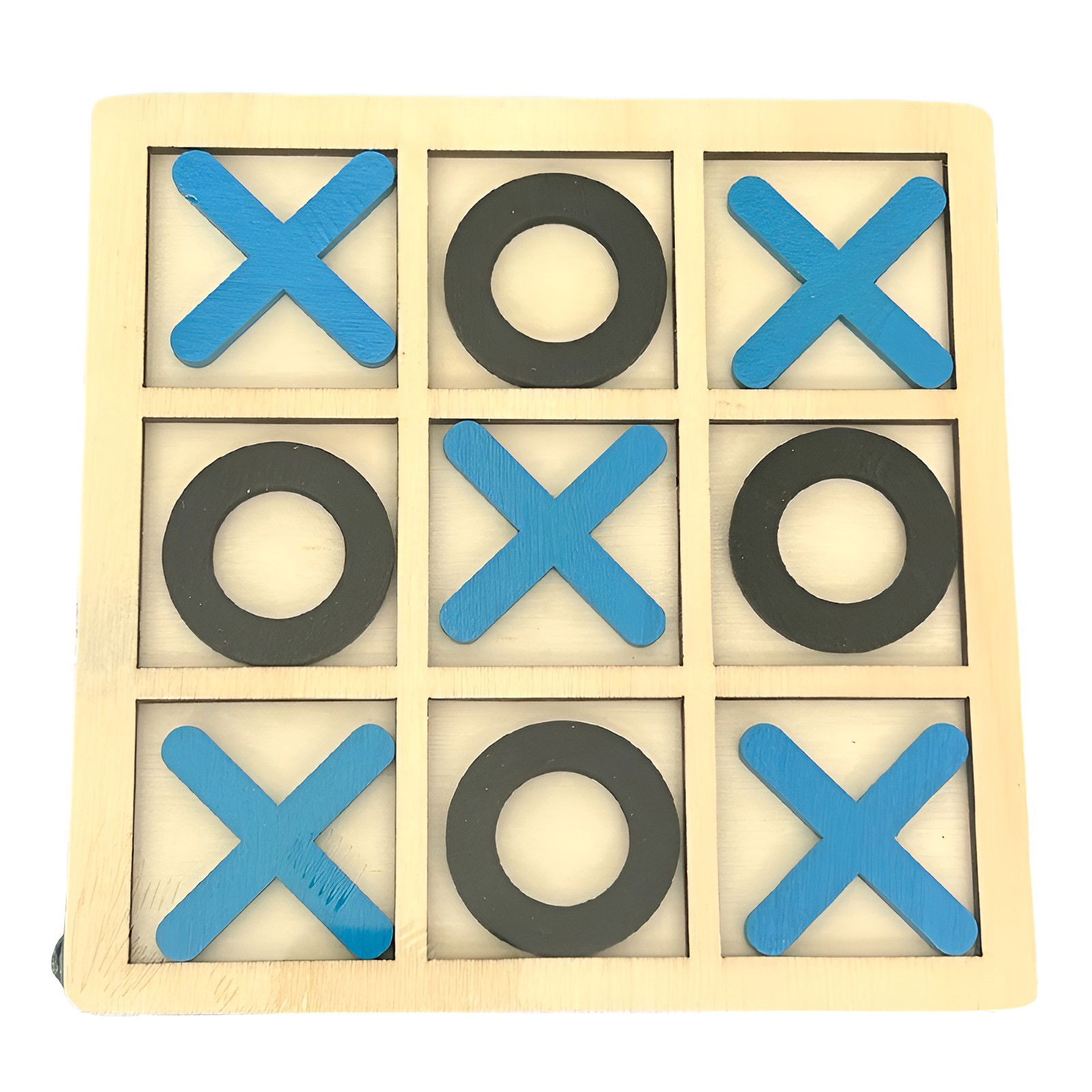 Jucarii din lemn - Jucarie Montessori Tic Tac Toe, Flippy, Educativa, Interactiva, din lemn, X si O, 9 Piese, 14.3x14.3 cm, Albastru Negru