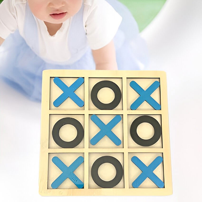 Jucarie Montessori Tic Tac Toe, Flippy, Educativa, Interactiva, din lemn, X si O, 9 Piese, 14.3x14.3 cm, Albastru Negru [3]