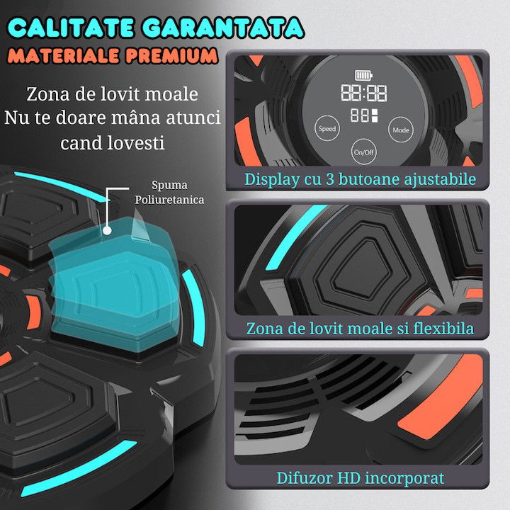 Tinta Lovituri Box Montabil pe Perete, Flippy, Negru, Difuzor, Bluetooth, Iluminare LED, 41.5 x 6.5 x 42 cm, Manusi Incluse [3]