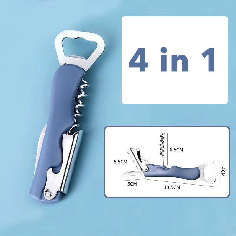 Pentru casa - Tirbuson de Sticle 4 in 1, Flippy, Desfacator de Sticle Multifunctional, din Inox cu Maner Anti Alunecare, 13.5 x 4 cm Albastru