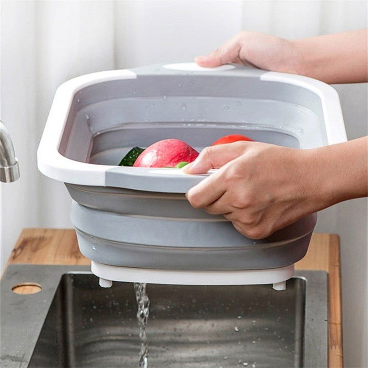 Pentru casa - Tocator Multifunctional, Flippy, 2 in 1, cu Cos pentru Spalat si Scurgere Alimente, 480 g, Pliabila, Gri