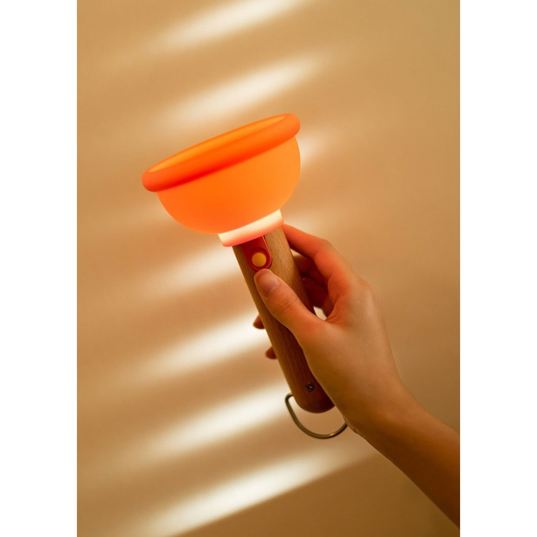 Lampa Nocturna, Flippy, Model Ventuza de Toaleta, Alimentare USB, din Lemn si Silicon, 16 x 9 cm, Portocaliu [6]