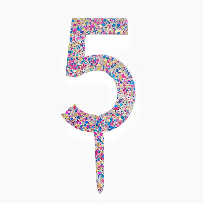 Decoratiune Topper pentru Tort, Flippy, din Acrilic cu Fulgi de Sclipici, Model Cifra 5, Inaltime 18.5 cm, Transparent Multicolor  [1]