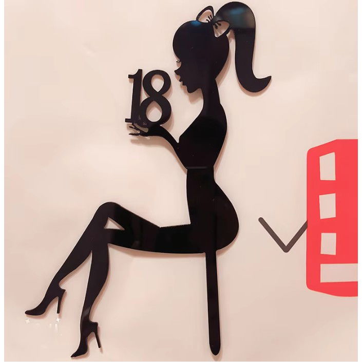 Lumanari si Toppere - Decoratiune Topper pentru Tort, Flippy, Model Fata 18 Ani, Dimensiuni 16x11.5 cm, Tematica Majorat, Negru