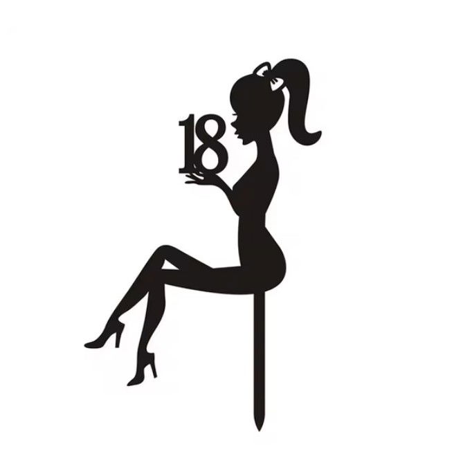 Lumanari si Toppere - Decoratiune Topper pentru Tort, Flippy, Model Fata 18 Ani, Dimensiuni 16x11.5 cm, Tematica Majorat, Negru