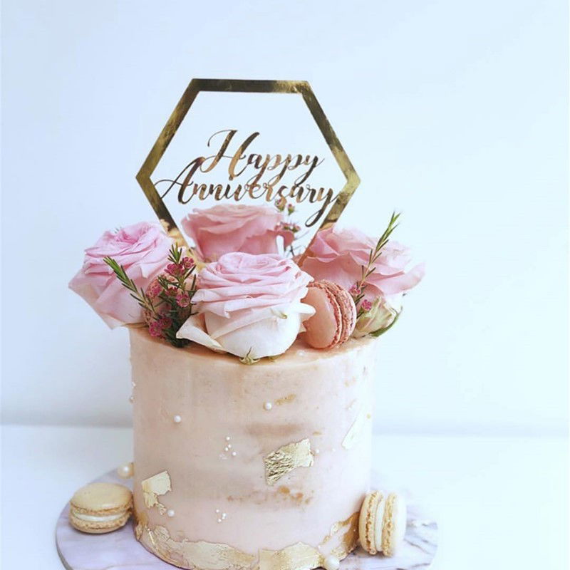 Decoratiune Topper pentru Tort, Flippy, Model Hexagon Scris Happy Birthday, Tematica Aniversare, Auriu [3]