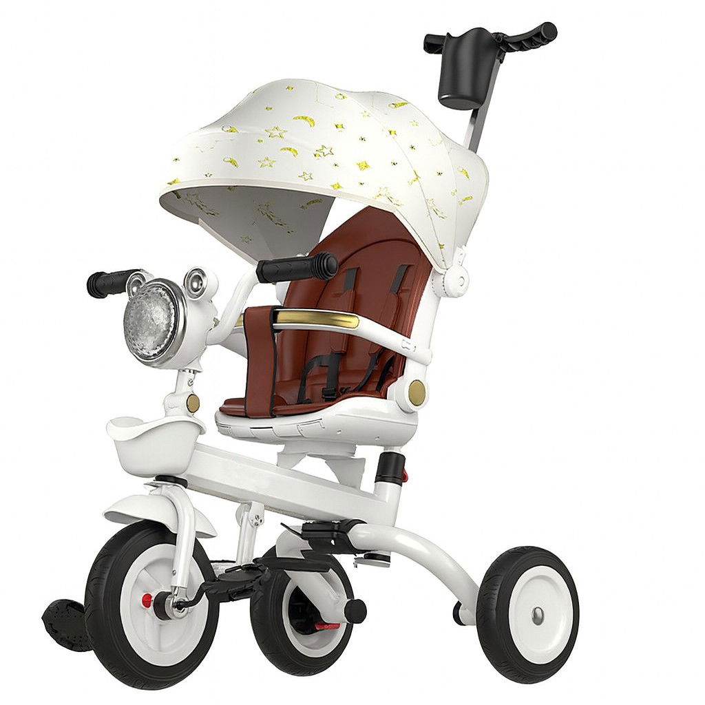 Triciclete - Tricicleta multifunctionala pentru Copii, Flippy, Cu Copertina Pliabila, Tip Impingere, Scaun Rotativ cu Functie Sezut si Culcat, Ghidon cu Cos Lumini si Muzica, Suport Pahar, 80 x 60 x 53 cm, Alb Ivo