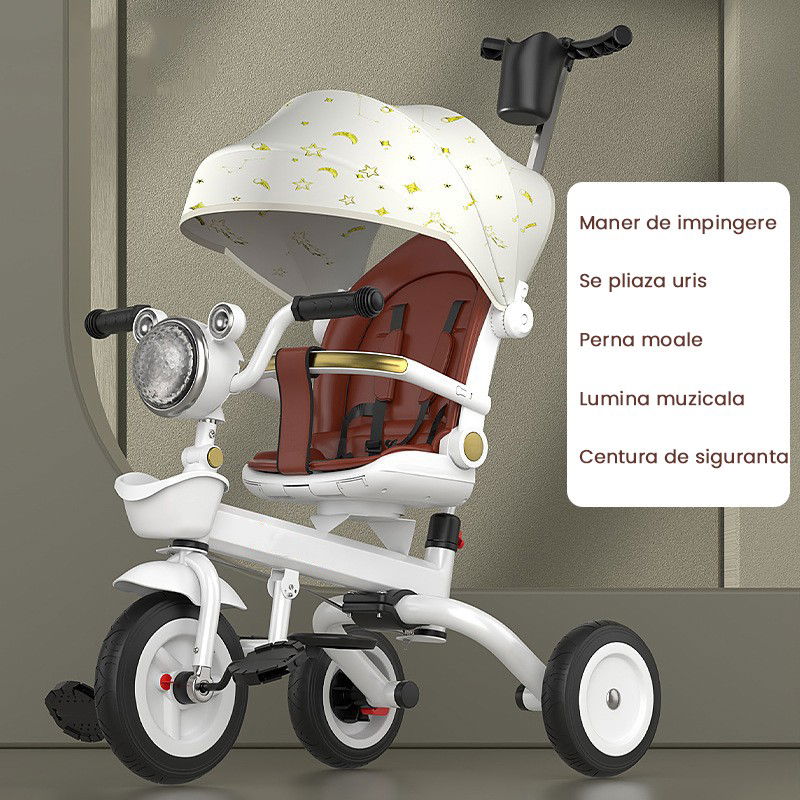 Triciclete - Tricicleta multifunctionala pentru Copii, Flippy, Cu Copertina Pliabila, Tip Impingere, Scaun Rotativ cu Functie Sezut si Culcat, Ghidon cu Cos Lumini si Muzica, Suport Pahar, 80 x 60 x 53 cm, Alb Ivo