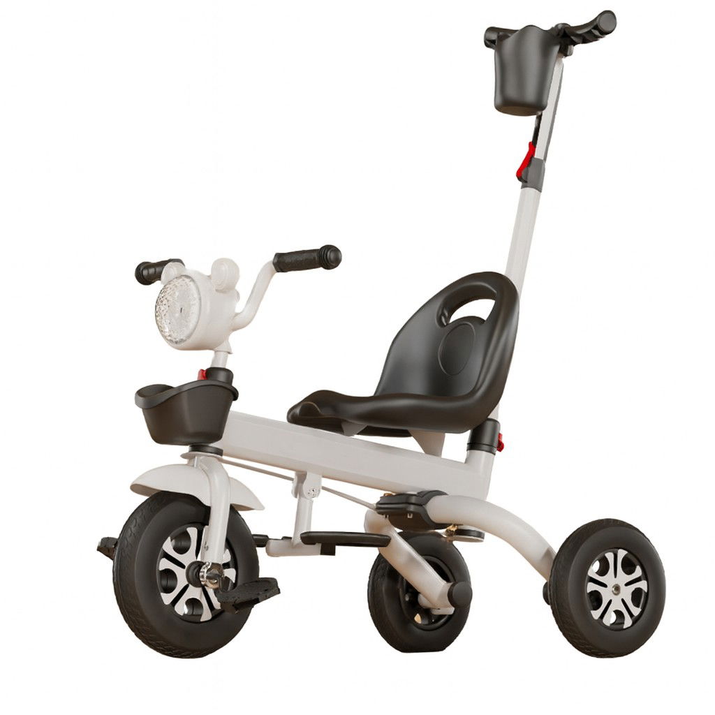 Triciclete - Tricicleta multifunctionala pentru Copii, Flippy, Pliabila de Tip Impingere, Scaun cu Functie Sezut si Culcat, Ghidon cu Cos Lumini si Muzica, Suport Pahar, 80 x 60 x 53 cm, Alb Negru