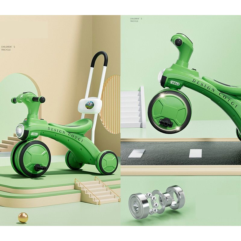 Masinute, Triciclete si Masinute Electrice - Tricicleta pentru copii Flippy, pedalare, impingere, lumini si sunete, pedale antiderapante, material dur, cos depozitare, varsta peste 18 luni, 80x40x52 cm, verde
