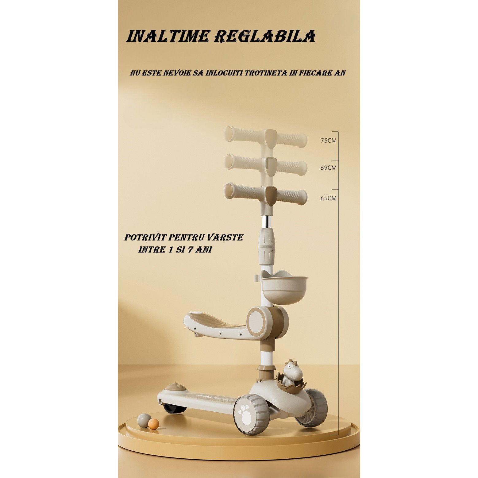 Trotineta Multifunctionala 3 in 1, Flippy, pentru Copii, 1-7 Ani, cu Lumini si Muzica, Reglabil 360, Pliere Usoara, Reglarea Inaltimii, Model Dinozaur, 67-76 x 24 x 55 cm, Alb/Bej [3]