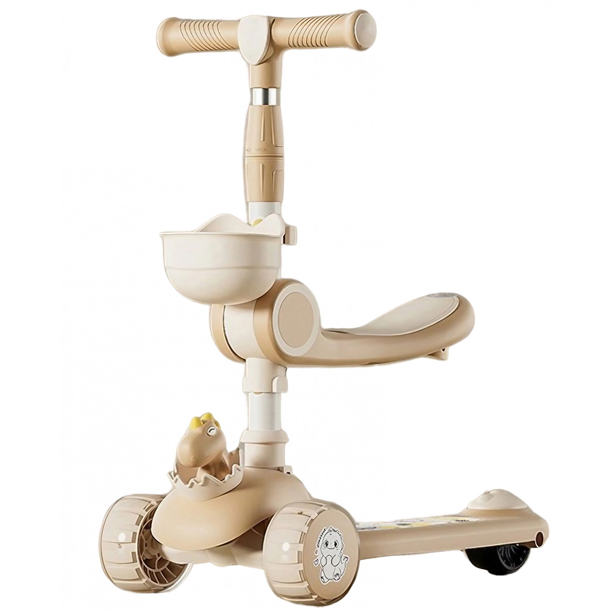 Jucarii - Trotineta Multifunctionala 3 in 1, Flippy, pentru Copii, 1-7 Ani, cu Lumini si Muzica, Reglabil 360, Pliere Usoara, Reglarea Inaltimii, Model Dinozaur, 67-76 x 24 x 55 cm, Alb/Bej