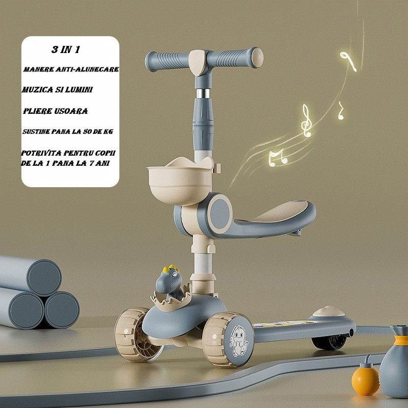 Jucarii - Trotineta Multifunctionala 3 in 1, Flippy, pentru Copii, 1-7 Ani, cu Lumini si Muzica, Reglabil 360, Pliere Usoara, Reglarea Inaltimii, Model Dinozaur, Bej/Albastru