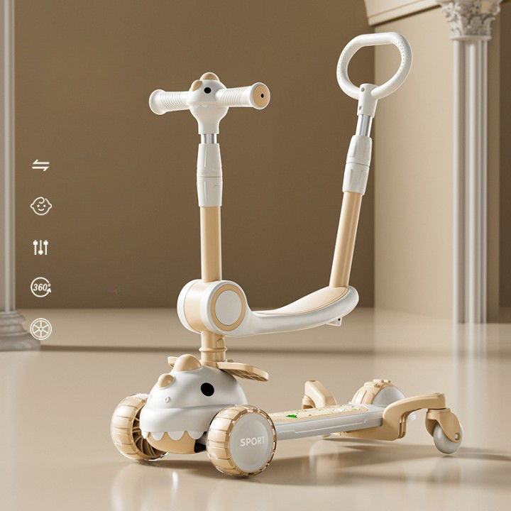 Trotineta Multifunctionala 6 in 1, Flippy, Pentru Copii De La 10 Luni Pana La 12 Ani, Cu Maner De Impingere, Reglabil 360, Pliere Usoara, Reglarea Inaltimii, Model Dinozaur, Alb/Bej [6]