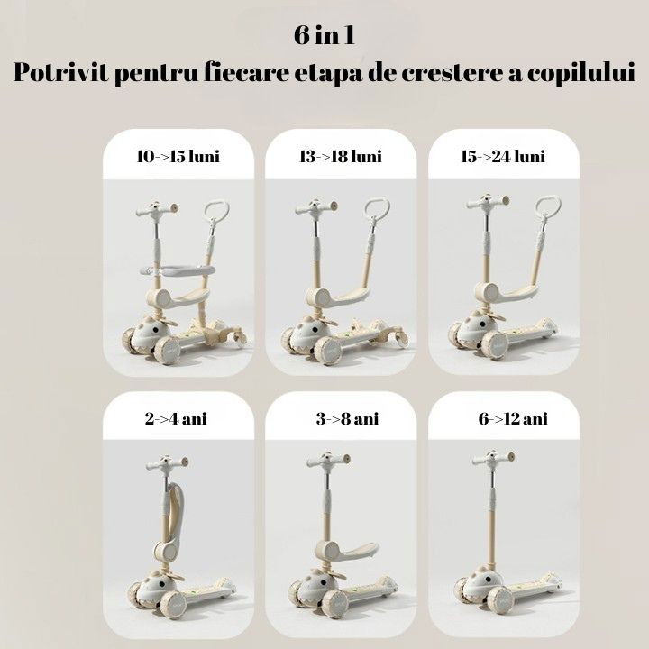 Masinute, Triciclete si Masinute Electrice - Trotineta Multifunctionala 6 in 1, Flippy, Pentru Copii De La 10 Luni Pana La 12 Ani, Cu Maner De Impingere, Reglabil 360, Pliere Usoara, Reglarea Inaltimii, Model Dinozaur, Alb/Bej